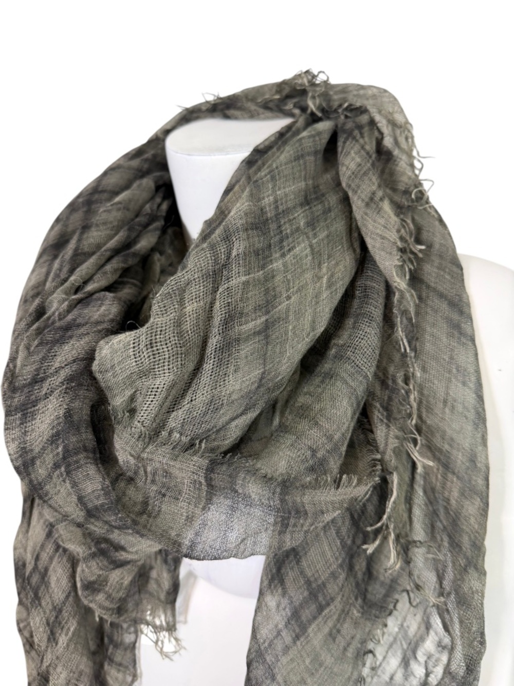 Faliero Sarti Distressed Gauze Scarf Olive Green Charcoal Oversized Wrap Italy